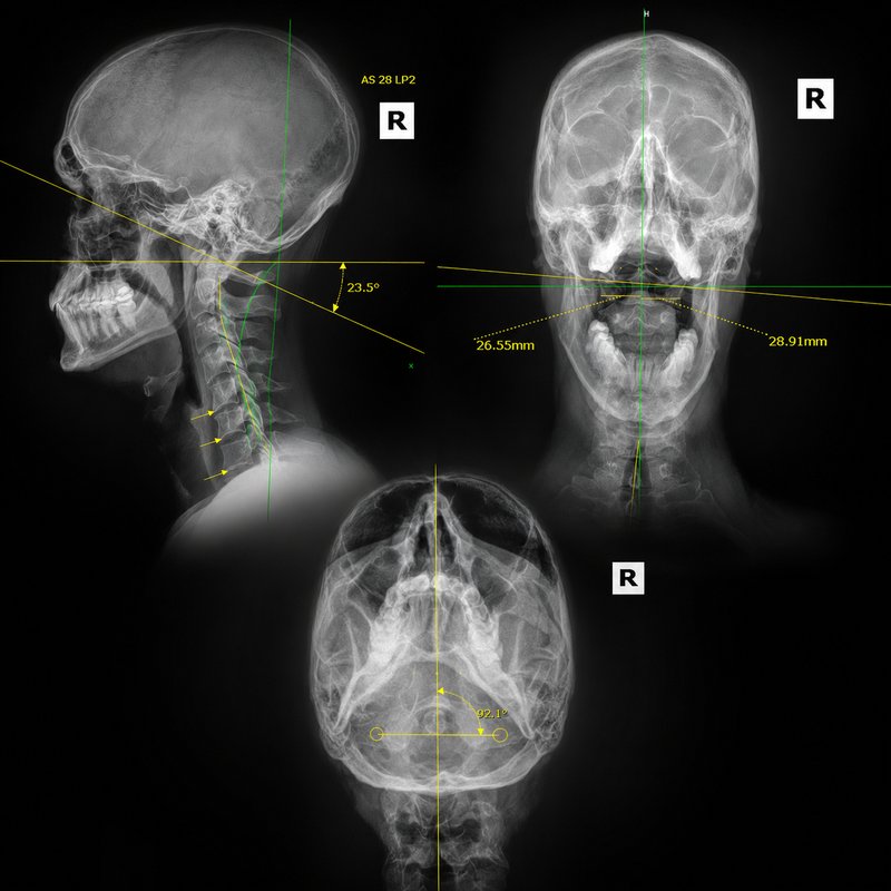 Upper cervical x-ray images with chiropractic analysis measurements